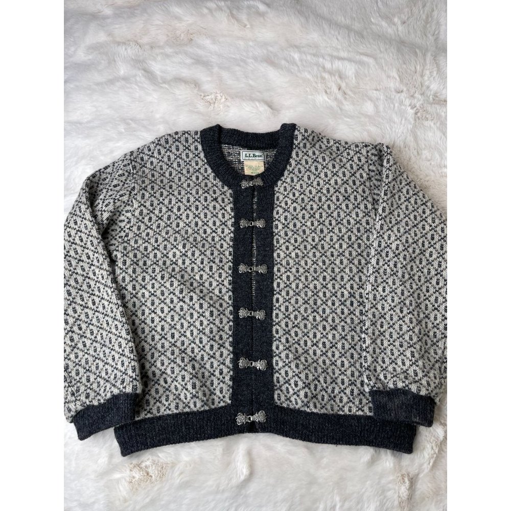 Vintage LL Bean Sweater Cardigan Wool Birdseye Hook Clasps Norway